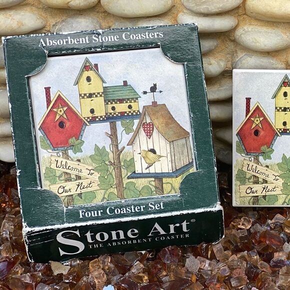 🏡FOUR STONE ART ABSORBENT COASTERS “Welcome to Our Nest” & birdhouse motif. New - Picture 4 of 5